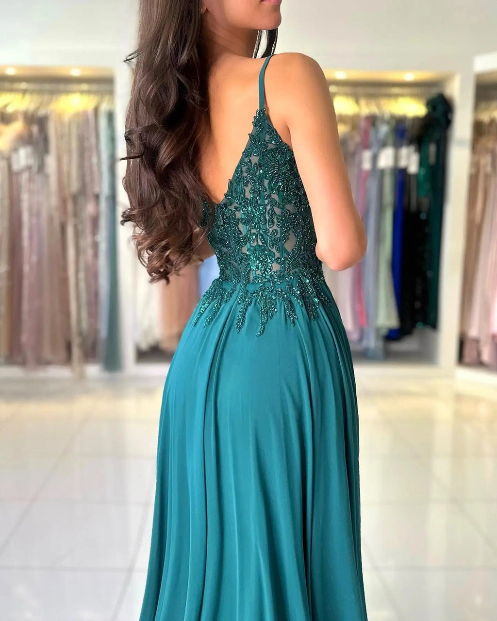 Green Chiffon Evening Dress Women Elegant Applique Suspenders Deep V-neck Backless Bridal Formal Long Ball Gowns Pageant Dress - Luzilly Bridal & Apparel