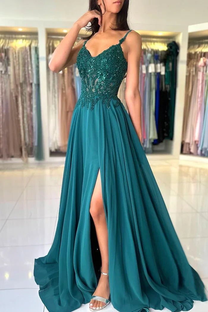 Green Chiffon Evening Dress Women Elegant Applique Suspenders Deep V-neck Backless Bridal Formal Long Ball Gowns Pageant Dress - Luzilly Bridal & Apparel