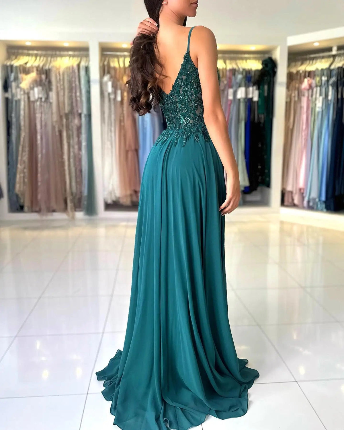 Green Chiffon Evening Dress Women Elegant Applique Suspenders Deep V-neck Backless Bridal Formal Long Ball Gowns Pageant Dress - Luzilly Bridal & Apparel