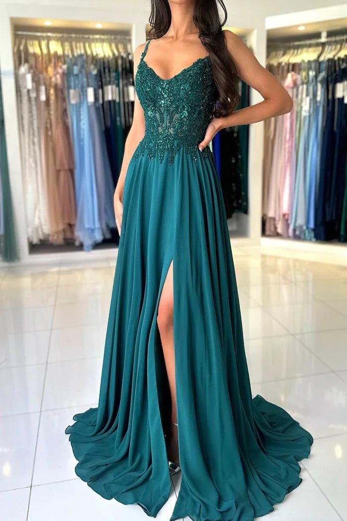 Green Chiffon Evening Dress Women Elegant Applique Suspenders Deep V-neck Backless Bridal Formal Long Ball Gowns Pageant Dress - Luzilly Bridal & Apparel