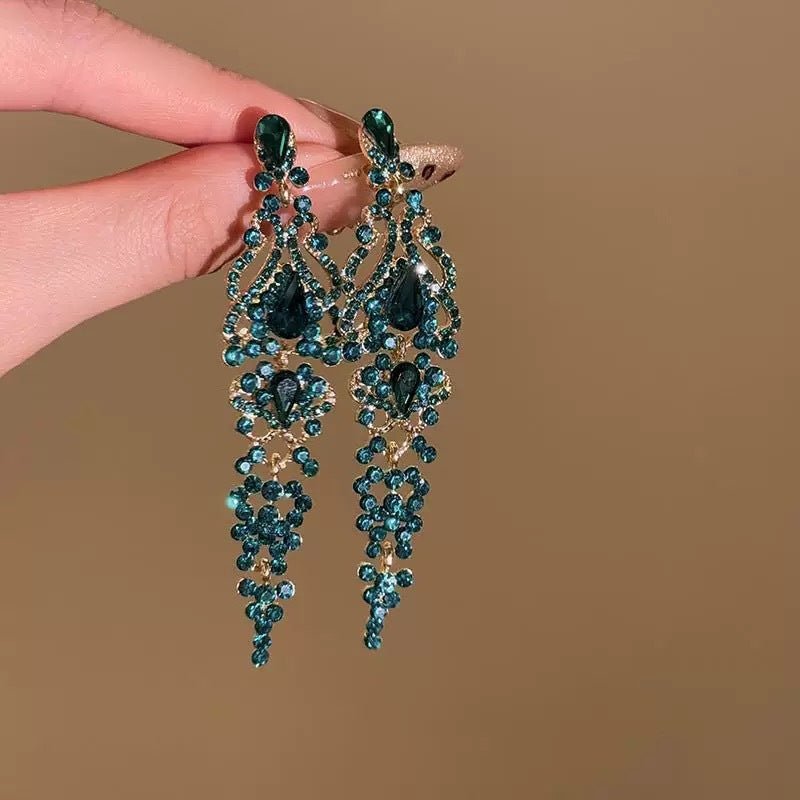 Green Crystal Flower Drop Clip-On Earrings - Luzilly Bridal & Apparel