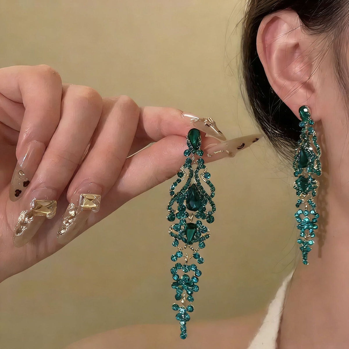 Green Crystal Flower Drop Clip-On Earrings - Luzilly Bridal & Apparel