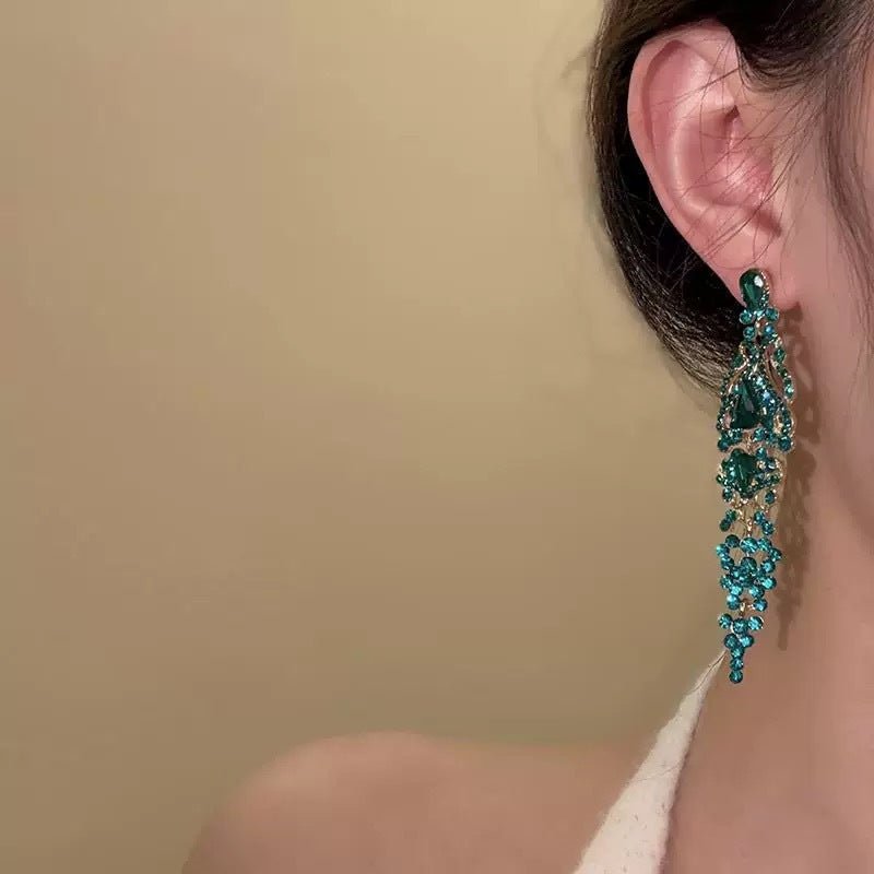 Green Crystal Flower Drop Clip-On Earrings - Luzilly Bridal & Apparel