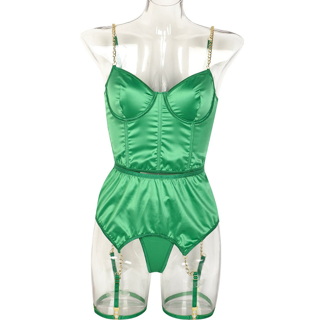 Green Satin High End Sexy Lingerie Three Piece Set Women Chain Back Sexy Cutout - Luzilly Bridal & Apparel