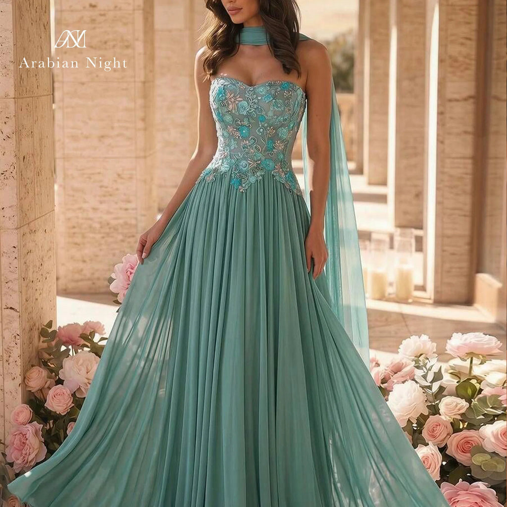Green Strapless Floral Embroidered Open-Back Gown - Luzilly Bridal & Apparel