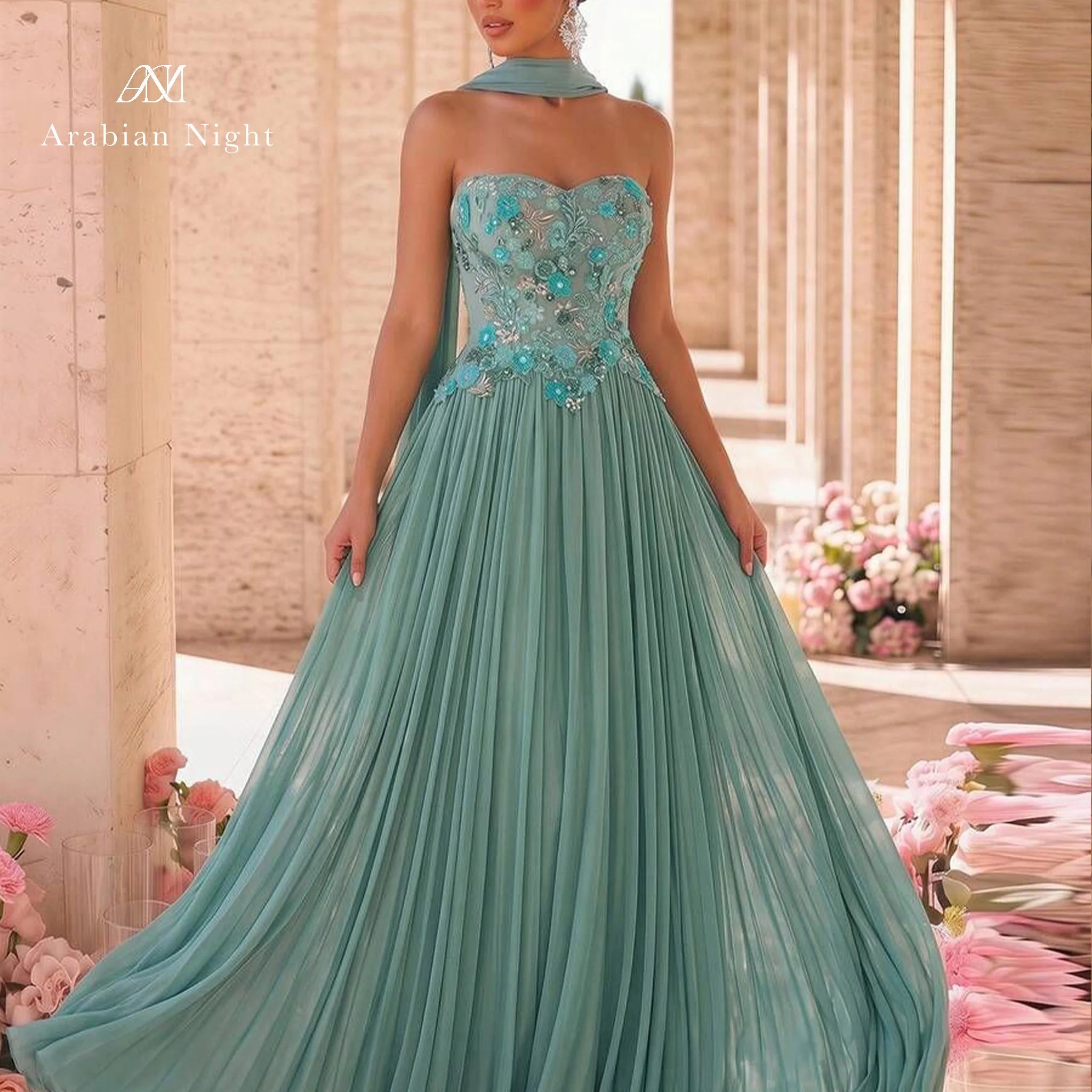Green Strapless Floral Embroidered Open-Back Gown - Luzilly Bridal & Apparel