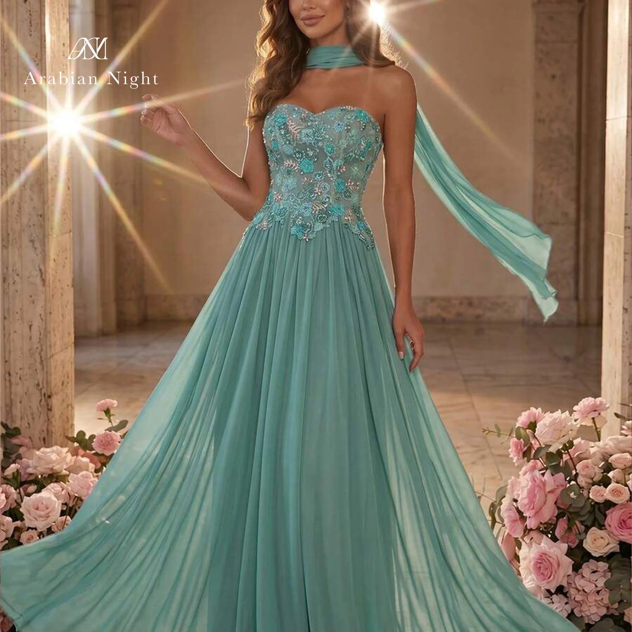 Green Strapless Floral Embroidered Open-Back Gown - Luzilly Bridal & Apparel