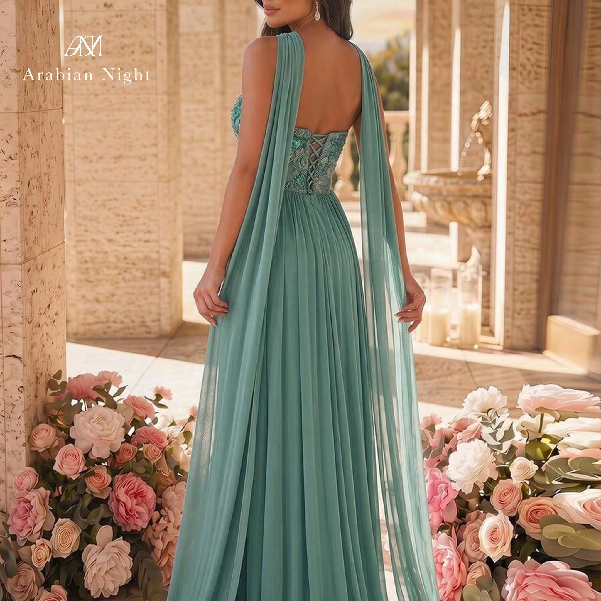 Green Strapless Floral Embroidered Open-Back Gown - Luzilly Bridal & Apparel