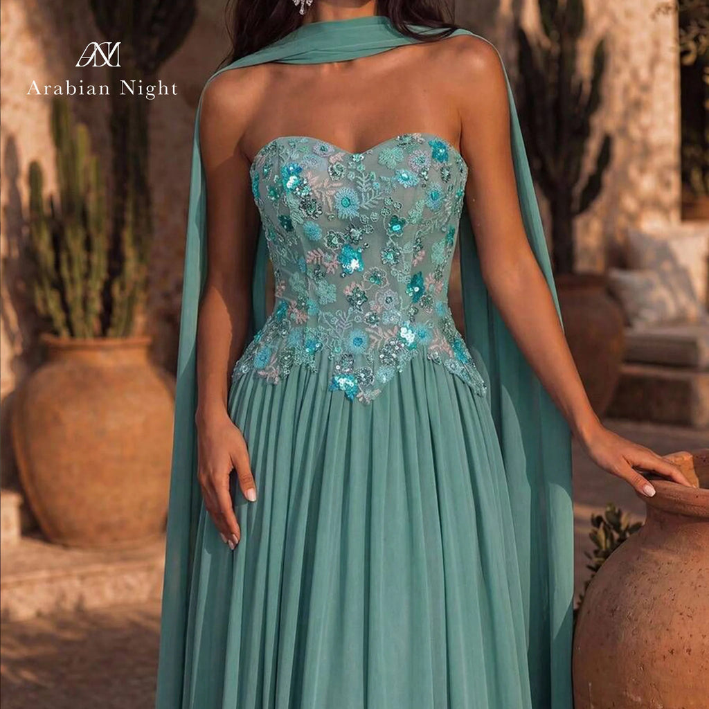Green Strapless Floral Embroidered Open-Back Gown - Luzilly Bridal & Apparel