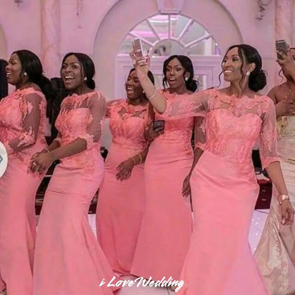 Half-Sleeve Satin Appliqué Mermaid Bridesmaid Dress - Luzilly Bridal & Apparel