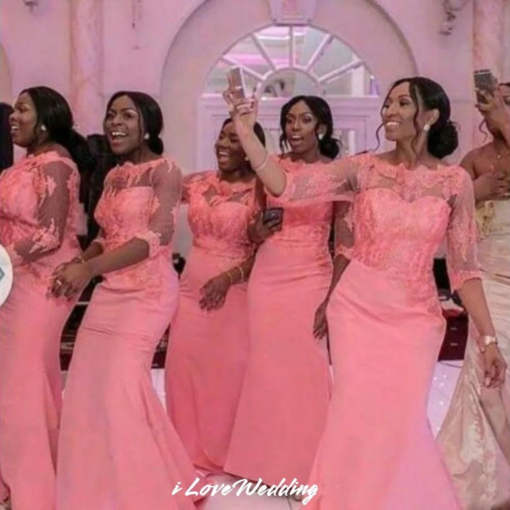 Half-Sleeve Satin Appliqué Mermaid Bridesmaid Dress - Luzilly Bridal & Apparel