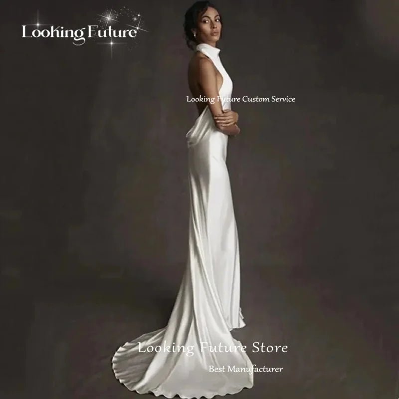 Halter Backless Ruched Satin Mermaid Wedding Dress - Luzilly Bridal & Apparel