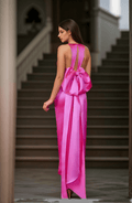 Haltered bow design back sheath silky satin prom dress with bow-tie multiple colors - Luzilly Bridal & Apparel