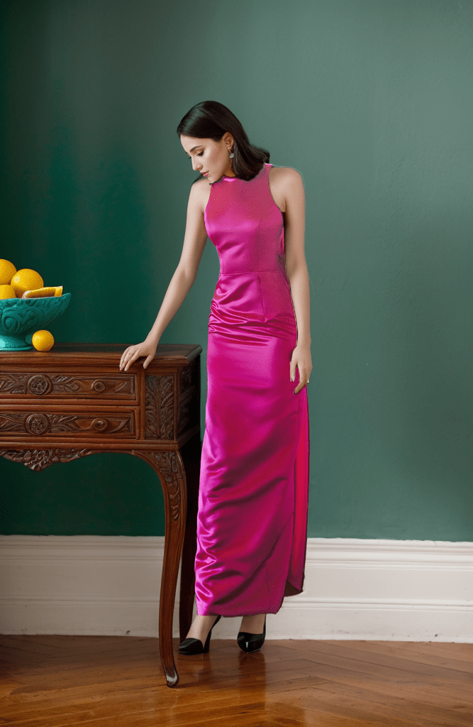 Haltered bow design back sheath silky satin prom dress with bow-tie multiple colors - Luzilly Bridal & Apparel
