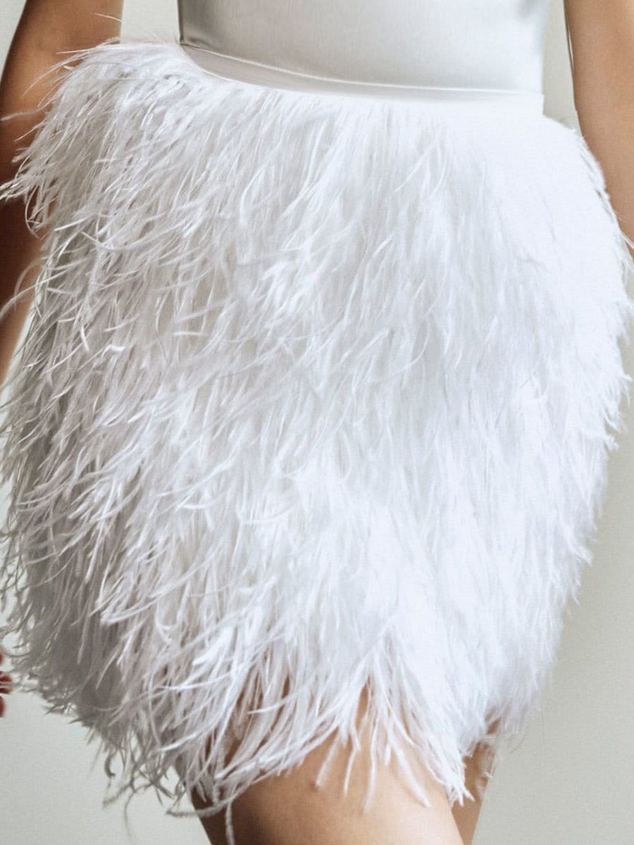 Haltered silky satin upper bodice fitted short above knee-length ostrich feather wedding dress - Luzilly Bridal & Apparel