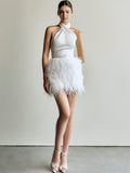 Haltered silky satin upper bodice fitted short above knee-length ostrich feather wedding dress - Luzilly Bridal & Apparel