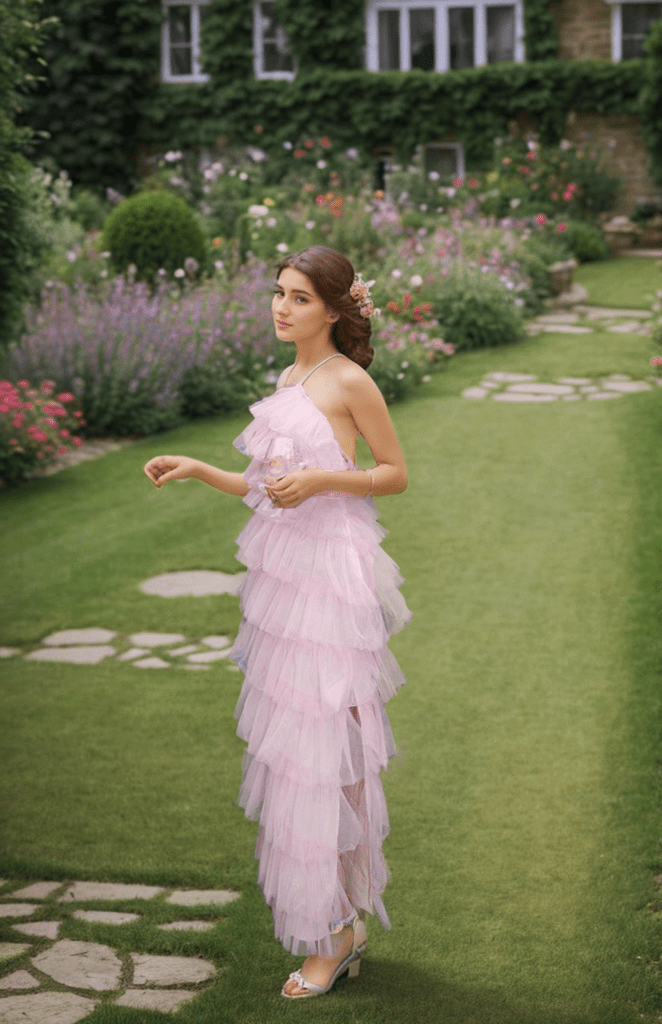 Haltered Sliding Ruffle Layered Hem fit and flare tutu ankle length tulle prom dress - Luzilly Bridal & Apparel