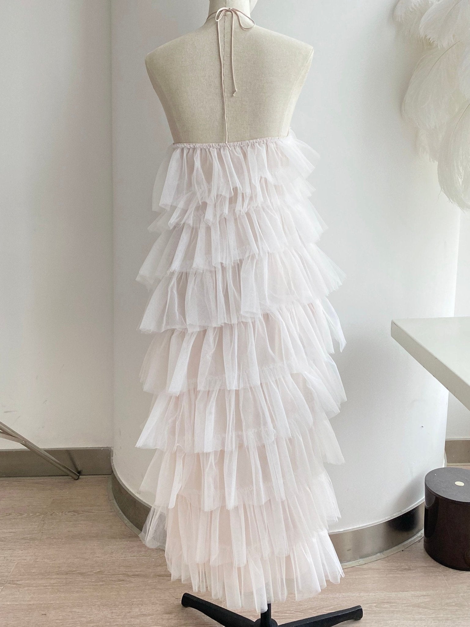 Haltered Sliding Ruffle Layered Hem fit and flare tutu ankle length tulle prom dress - Luzilly Bridal & Apparel