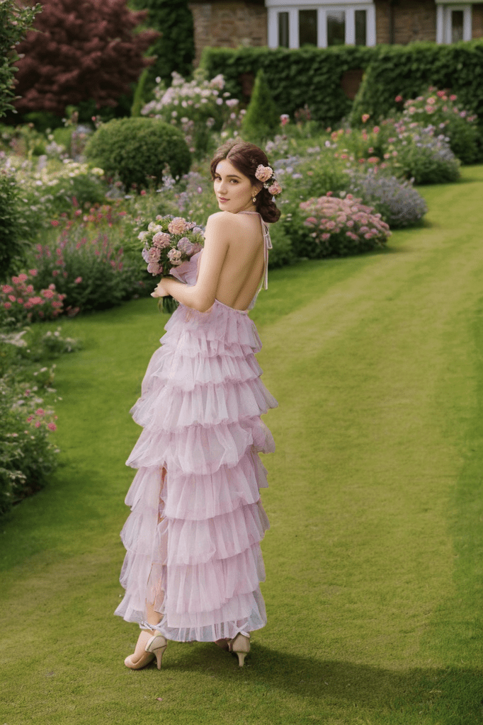 Haltered Sliding Ruffle Layered Hem fit and flare tutu ankle length tulle prom dress - Luzilly Bridal & Apparel