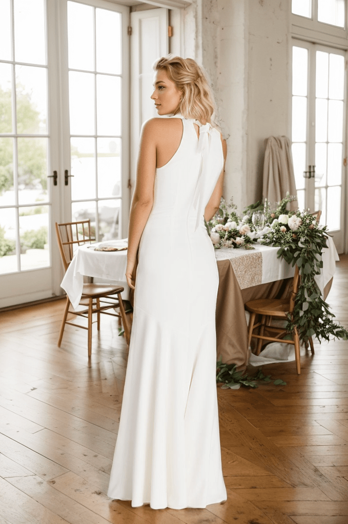 Haltered trumpet style Greece Goddess dress minimalist modern Satin wedding dress little white dress - Luzilly Bridal & Apparel