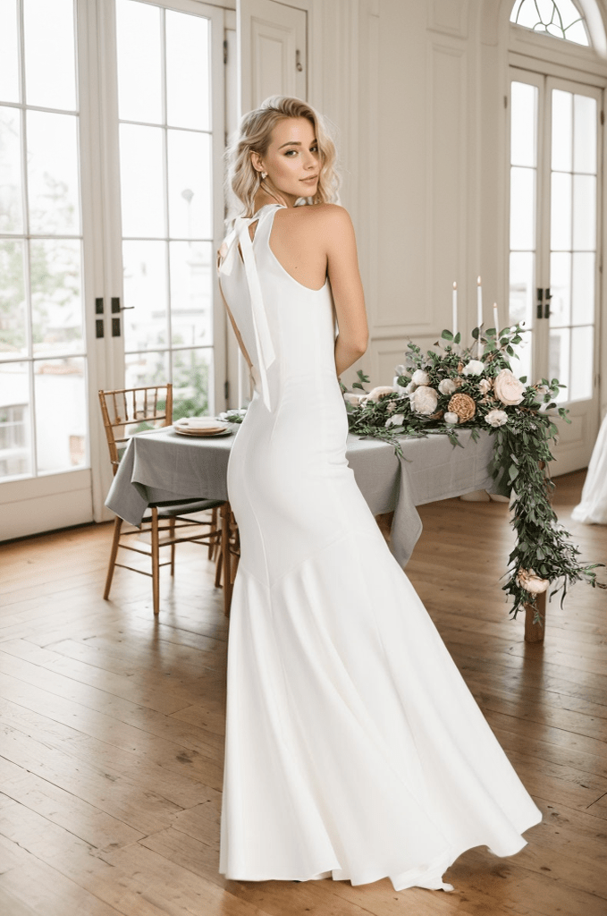 Haltered trumpet style Greece Goddess dress minimalist modern Satin wedding dress little white dress - Luzilly Bridal & Apparel