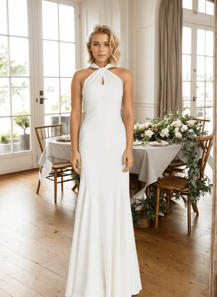 Haltered trumpet style Greece Goddess dress minimalist modern Satin wedding dress little white dress - Luzilly Bridal & Apparel