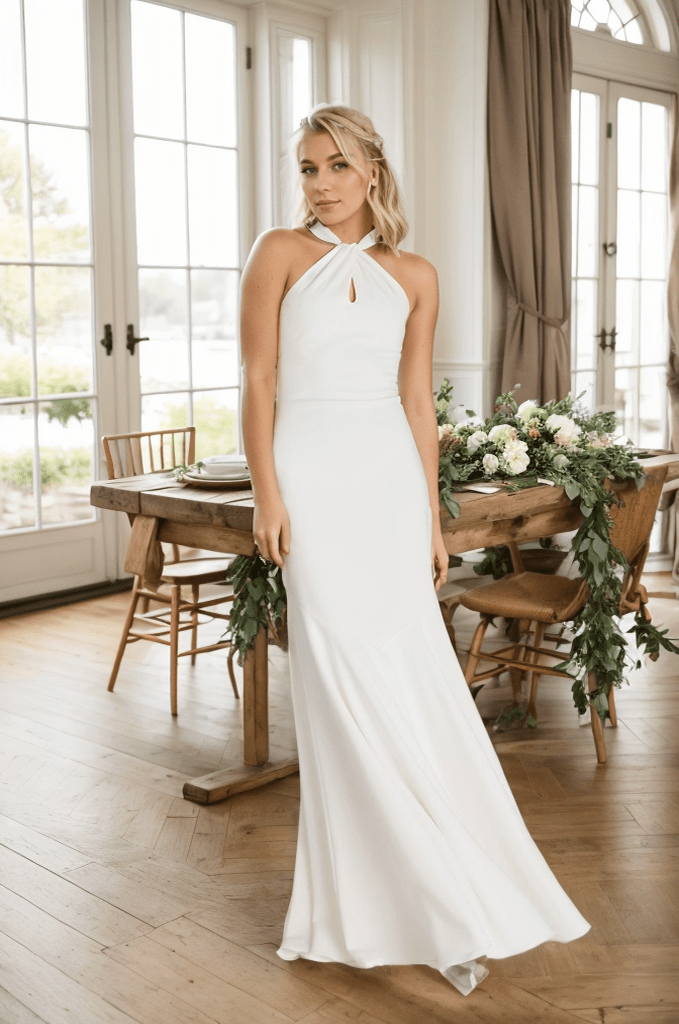 Haltered trumpet style Greece Goddess dress minimalist modern Satin wedding dress little white dress - Luzilly Bridal & Apparel
