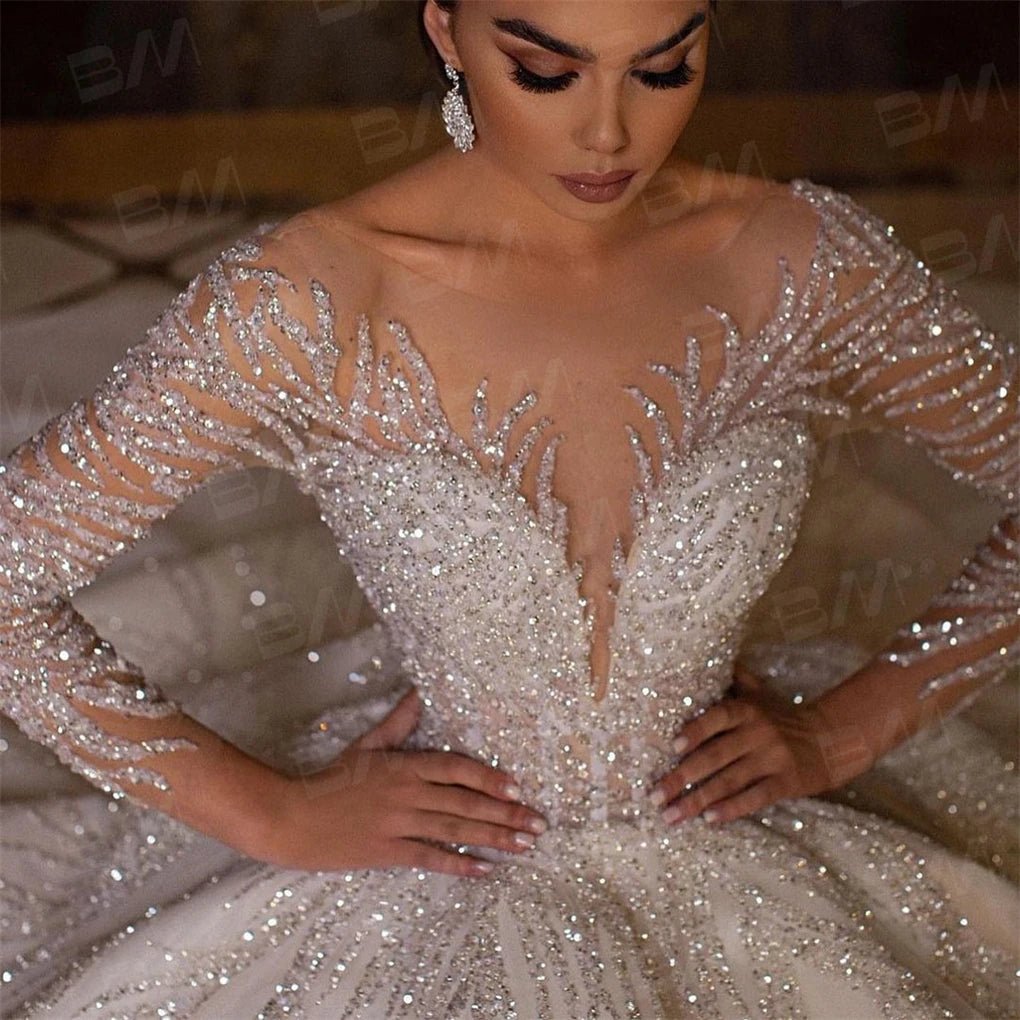 Hand-Beaded Long-Sleeve Ball Gown Wedding Dress - Luzilly Bridal & Apparel