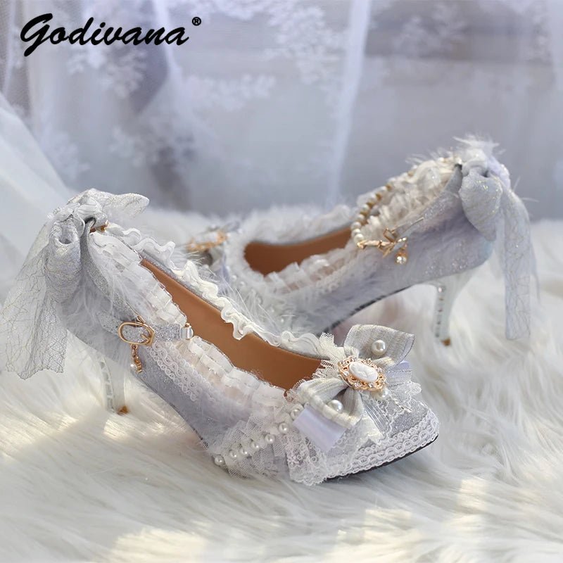 Handmade Feather & Pearl Bow Bridal Heels - Luzilly Bridal & Apparel