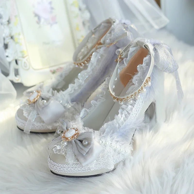 Handmade Feather & Pearl Bow Bridal Heels - Luzilly Bridal & Apparel