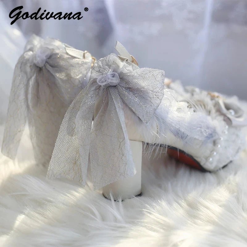 Handmade Feather & Pearl Bow Bridal Heels - Luzilly Bridal & Apparel