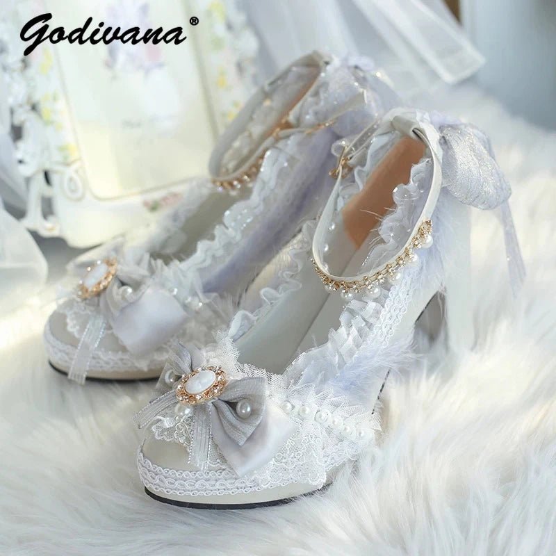 Handmade Feather & Pearl Bow Bridal Heels - Luzilly Bridal & Apparel