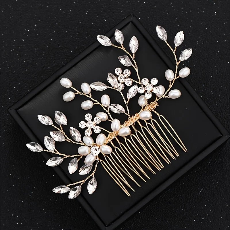 Handmade Pearl Leaf & Rhinestone Bridal Hair Comb - Luzilly Bridal & Apparel