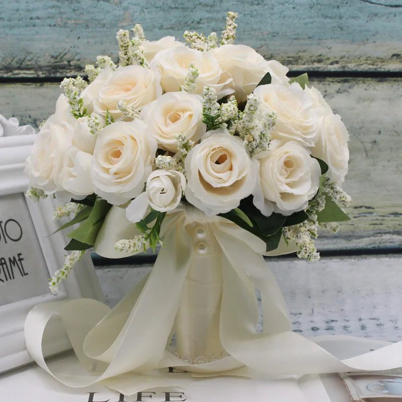 Handmade White Silk Rose Bridal Bouquet - Luzilly Bridal & Apparel