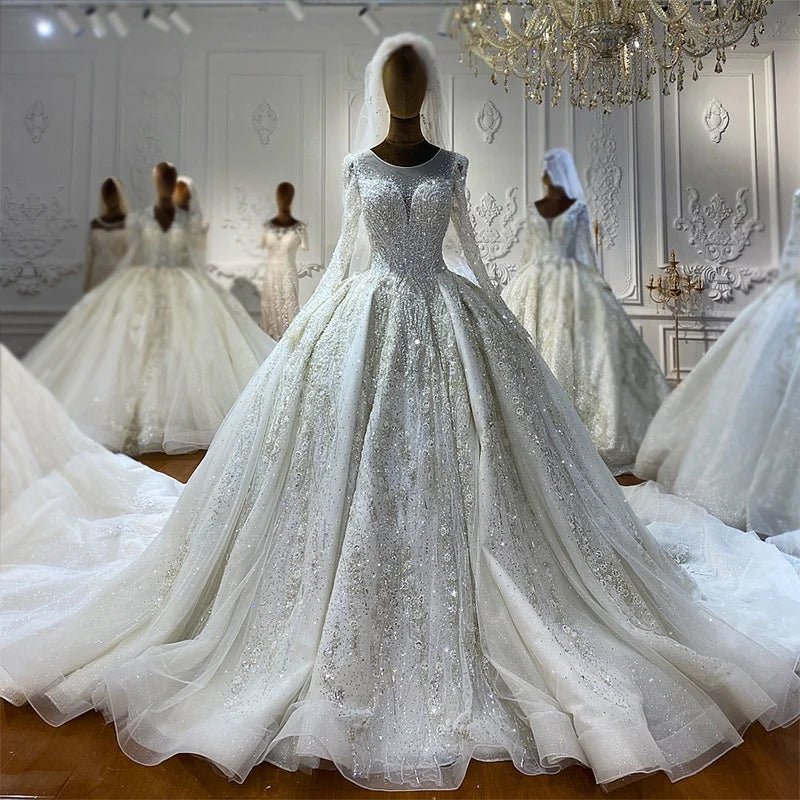 Heavy Beaded Long Sleeve Ball Gown Wedding Dress - Luzilly Bridal & Apparel