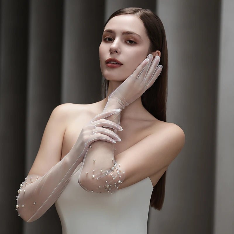Heavy Beaded Long Tulle Bridal Gloves - Luzilly Bridal & Apparel