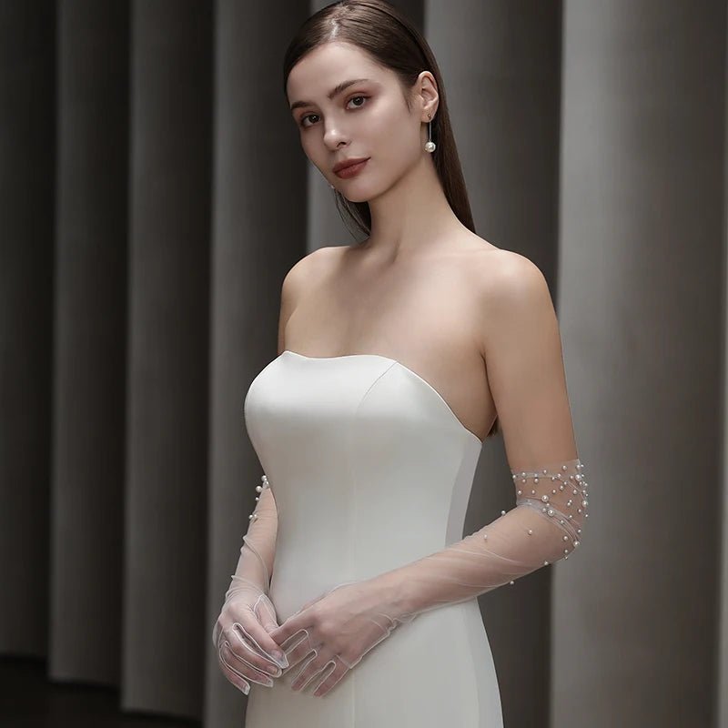 Heavy Beaded Long Tulle Bridal Gloves - Luzilly Bridal & Apparel