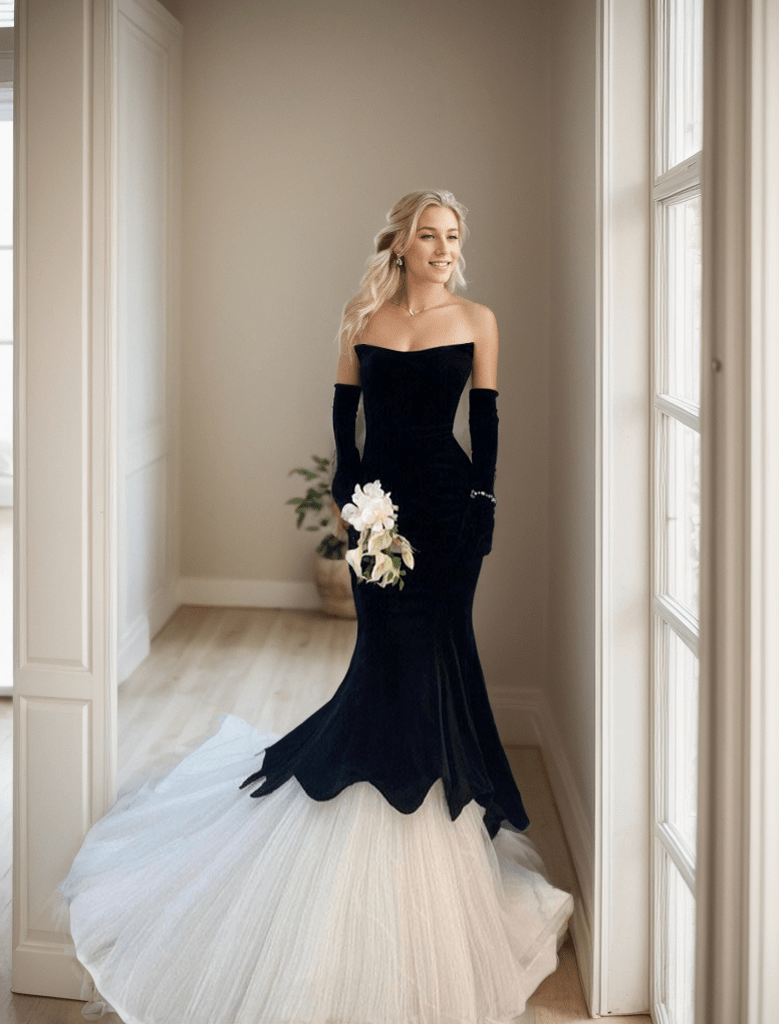 Herpben style strapless black velvet white tulle mermaid prom dress - Luzilly Bridal & Apparel