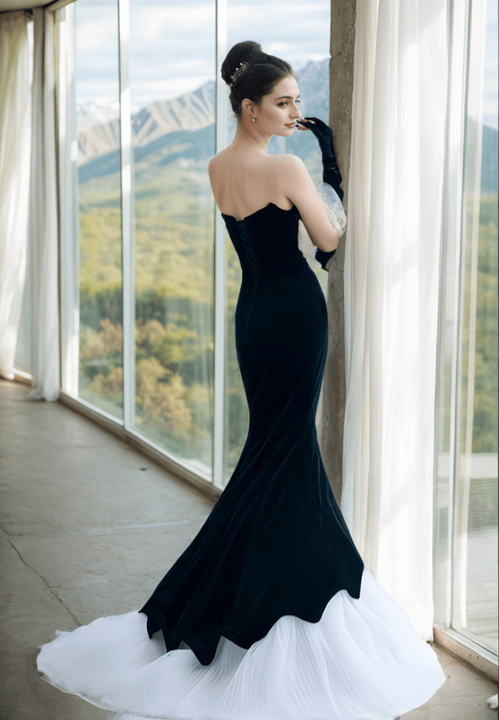 Herpben style strapless black velvet white tulle mermaid prom dress - Luzilly Bridal & Apparel