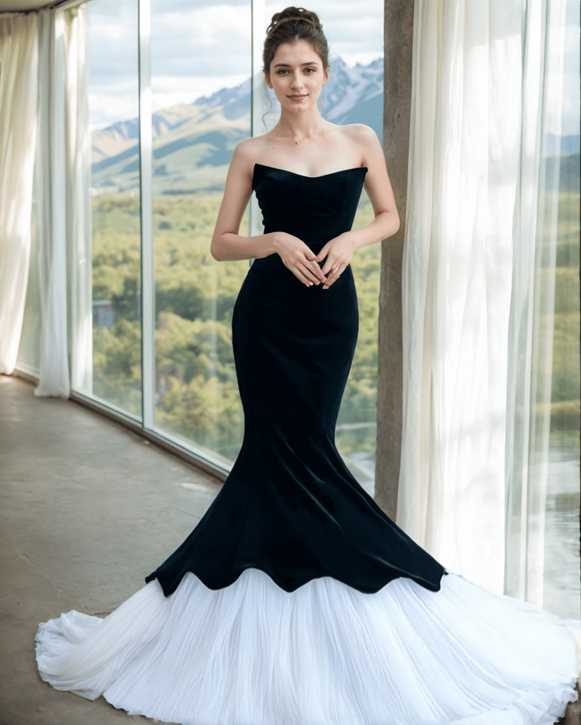 Herpben style strapless black velvet white tulle mermaid prom dress - Luzilly Bridal & Apparel