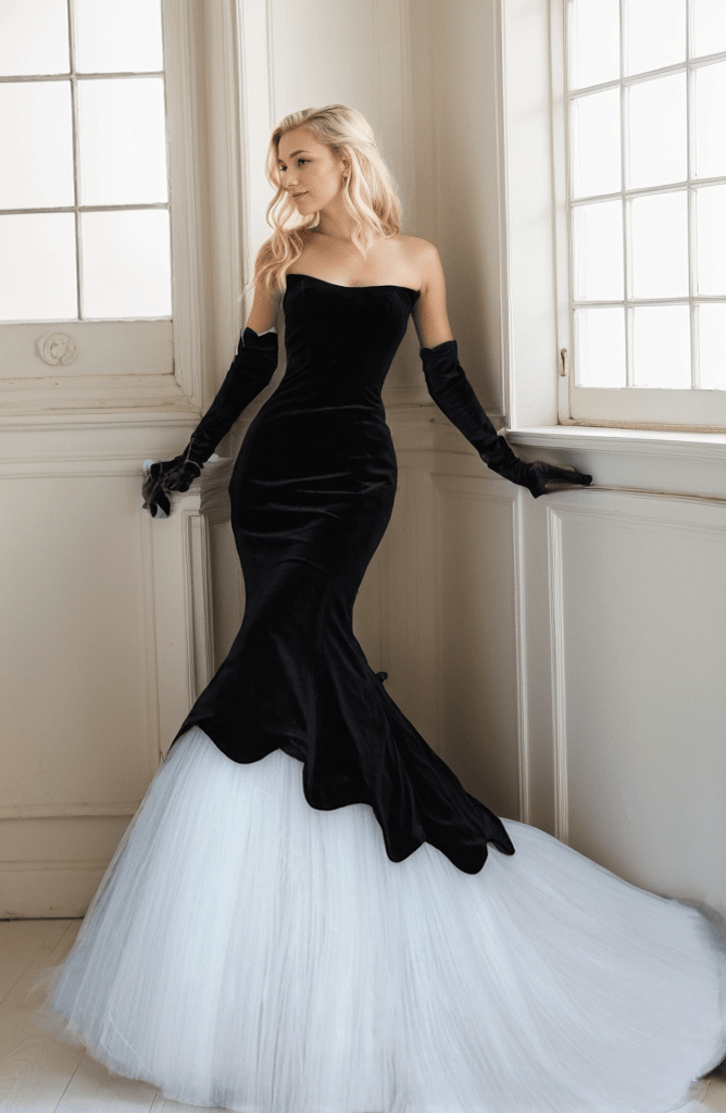 Herpben style strapless black velvet white tulle mermaid prom dress - Luzilly Bridal & Apparel