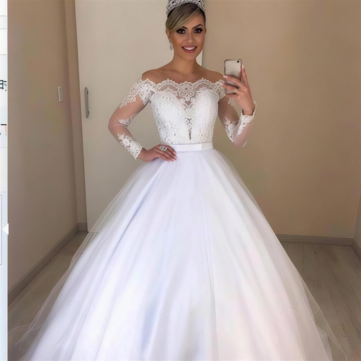 Off-Shoulder Lace Ball Gown Wedding Dress - Luzilly Bridal & Apparel