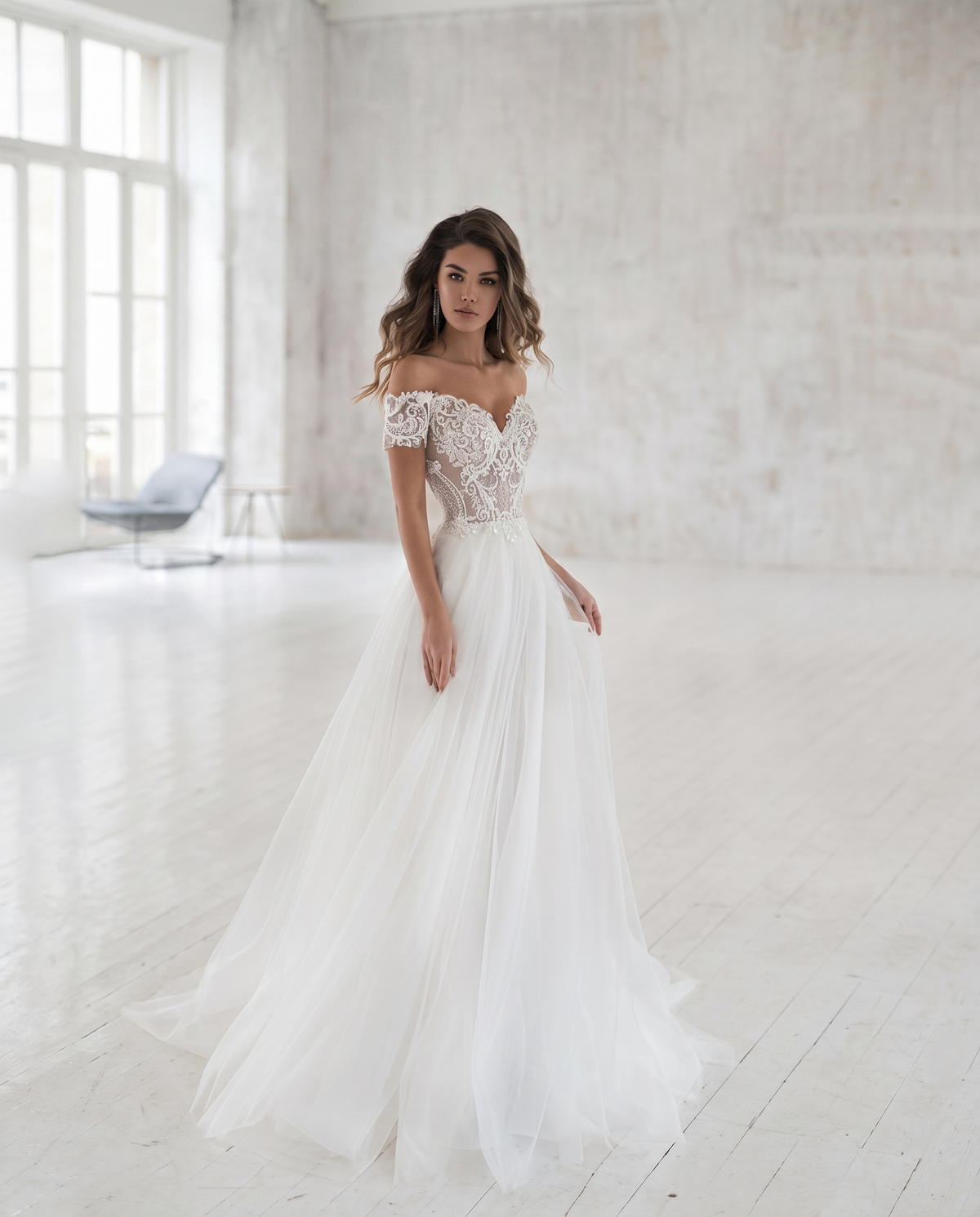 Bridal Mesh Long Sleeve Wedding Dress - full length