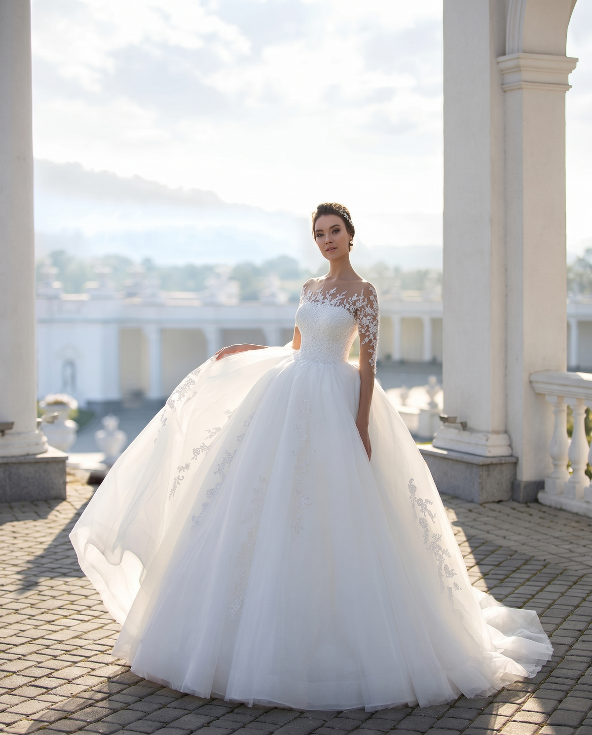 Bridal Deep V-Neck Long Sleeve Wedding Dress - full length