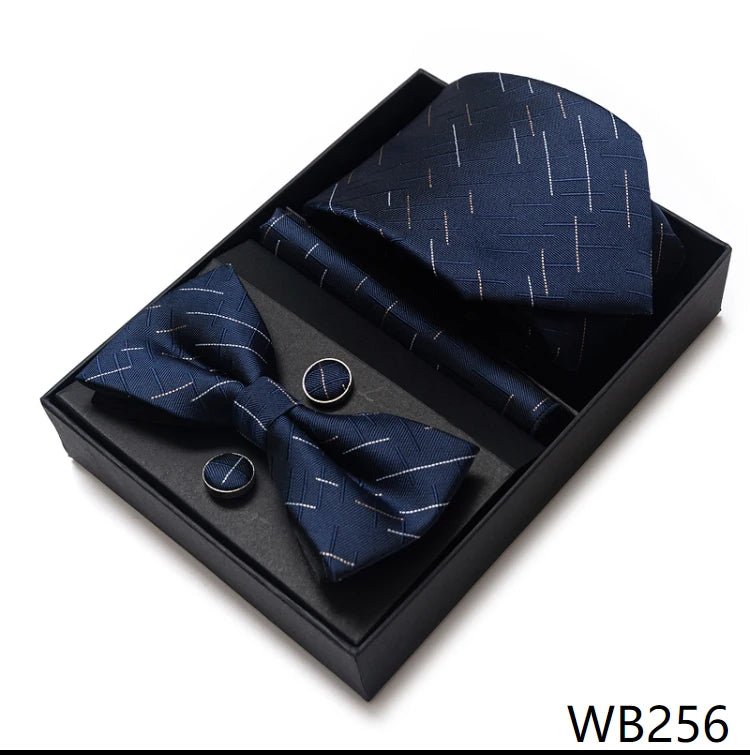High Grade Festive Present Bow Tie Handkerchief Pocket Squares Cufflink Set Necktie Box Sliver Man's - Luzilly Bridal & Apparel