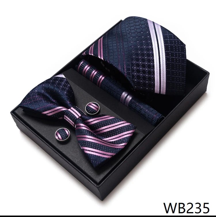 High Grade Festive Present Bow Tie Handkerchief Pocket Squares Cufflink Set Necktie Box Sliver Man's - Luzilly Bridal & Apparel