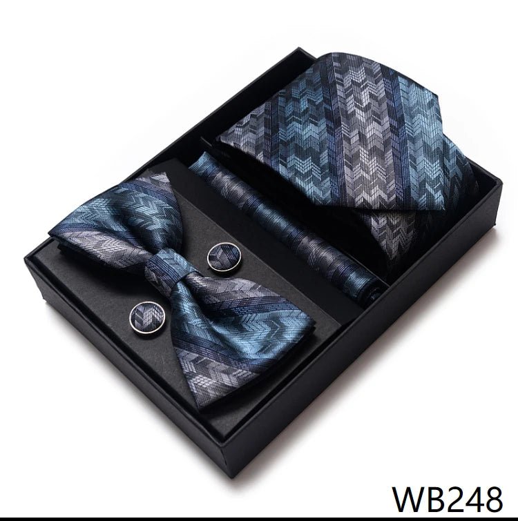 High Grade Festive Present Bow Tie Handkerchief Pocket Squares Cufflink Set Necktie Box Sliver Man's - Luzilly Bridal & Apparel
