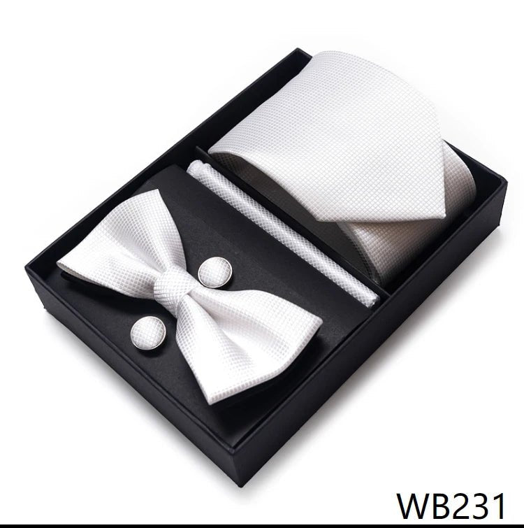 High Grade Festive Present Bow Tie Handkerchief Pocket Squares Cufflink Set Necktie Box Sliver Man's - Luzilly Bridal & Apparel
