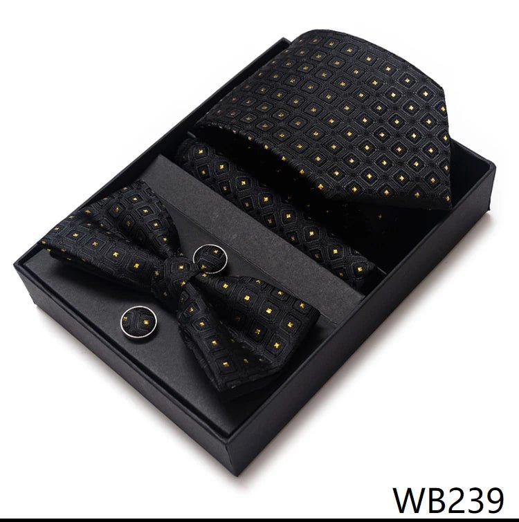High Grade Festive Present Bow Tie Handkerchief Pocket Squares Cufflink Set Necktie Box Sliver Man's - Luzilly Bridal & Apparel