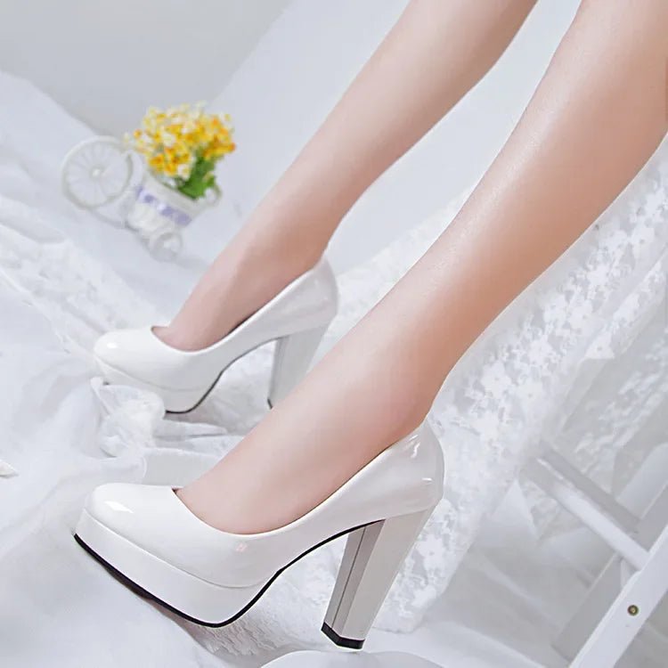 High Heels Shoes Women White Wedding Shoes Thick 10 CM Heels Fashion Party Pumps Footwear Black Red Round Zapatos De Mujer - Luzilly Bridal & Apparel